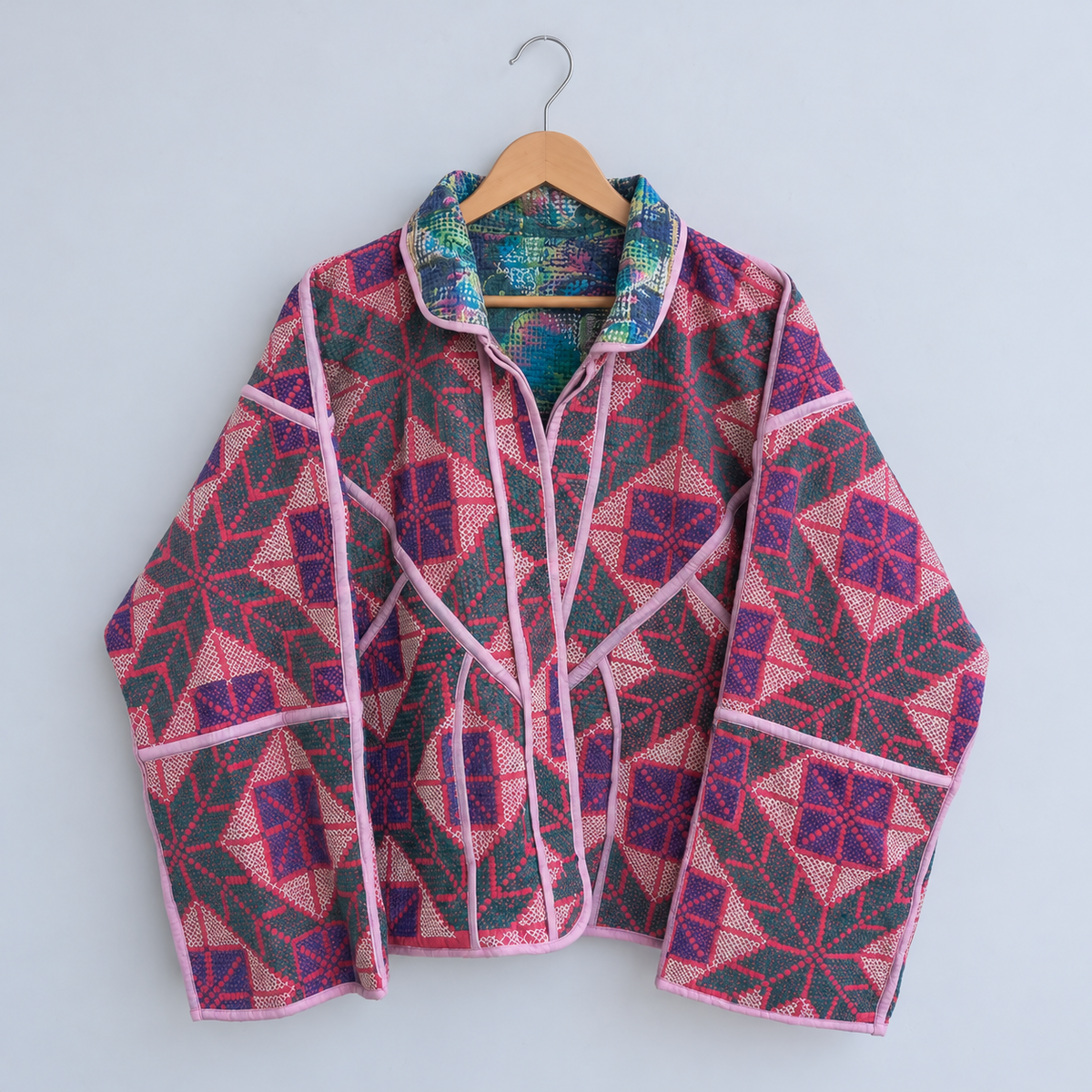 Pink and purple geometric star Kantha jacket with pink piping