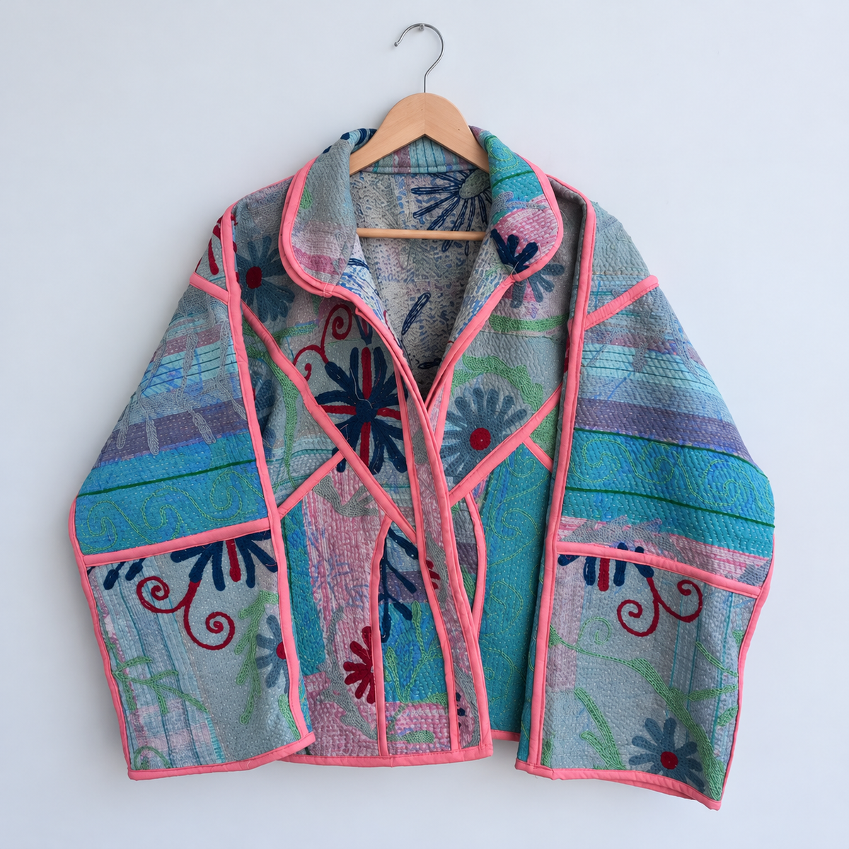 Aqua patchwork Kantha jacket with pink piping