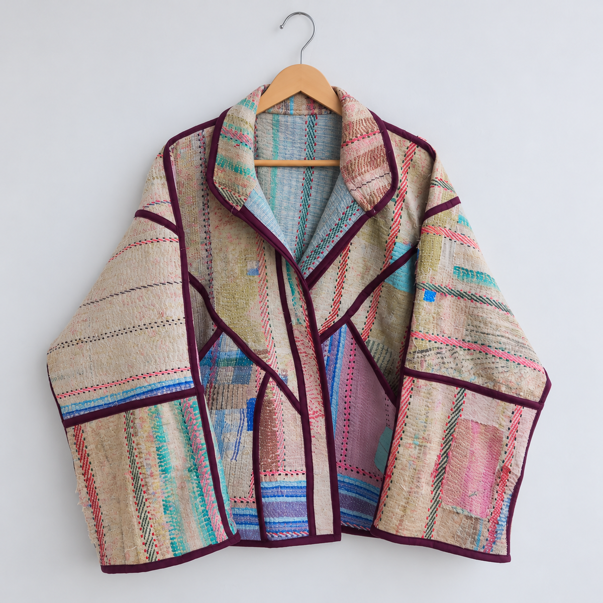 Natural striped Kantha jacket with pink stitching and plum piping