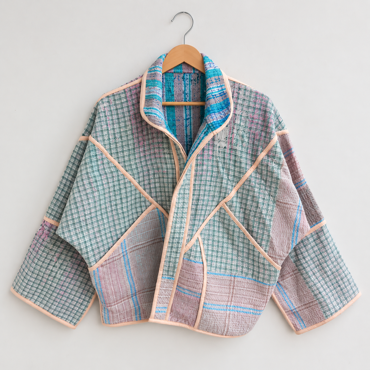 Mint and lilac check Kantha jacket with peach piping