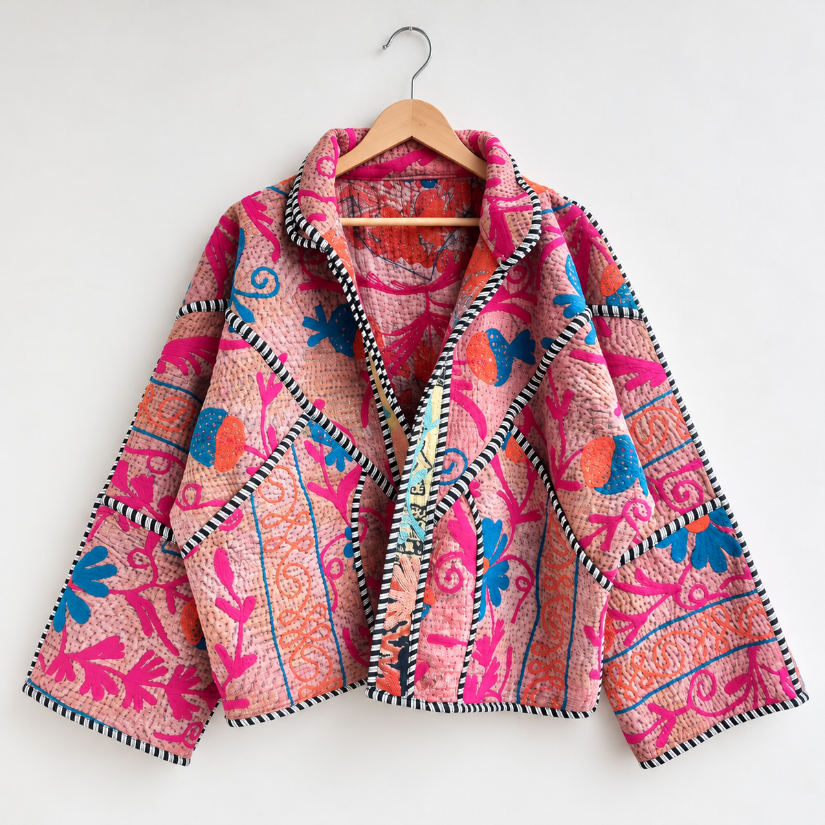 Pink floral Kantha jacket with striped piping