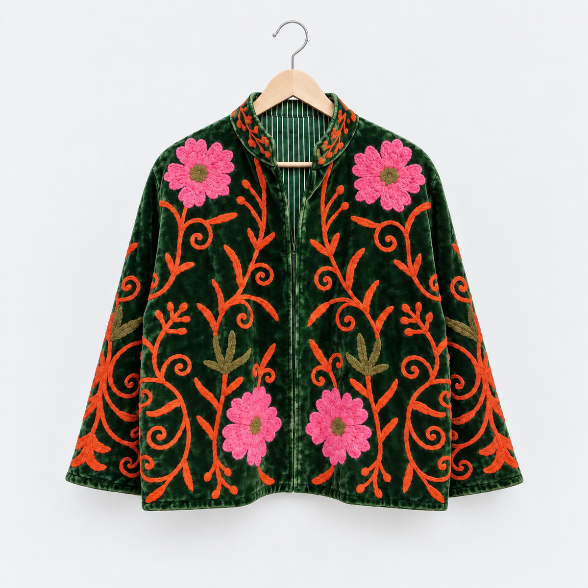 Dark green velvet Suzani jacket with pink rose and orange vine embroidery