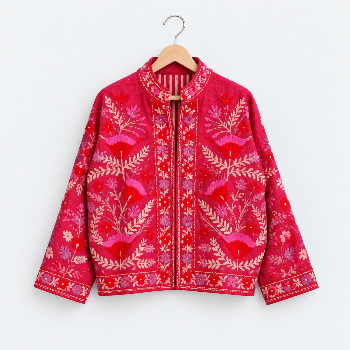 Red velvet Suzani jacket with pink floral vine embroidery