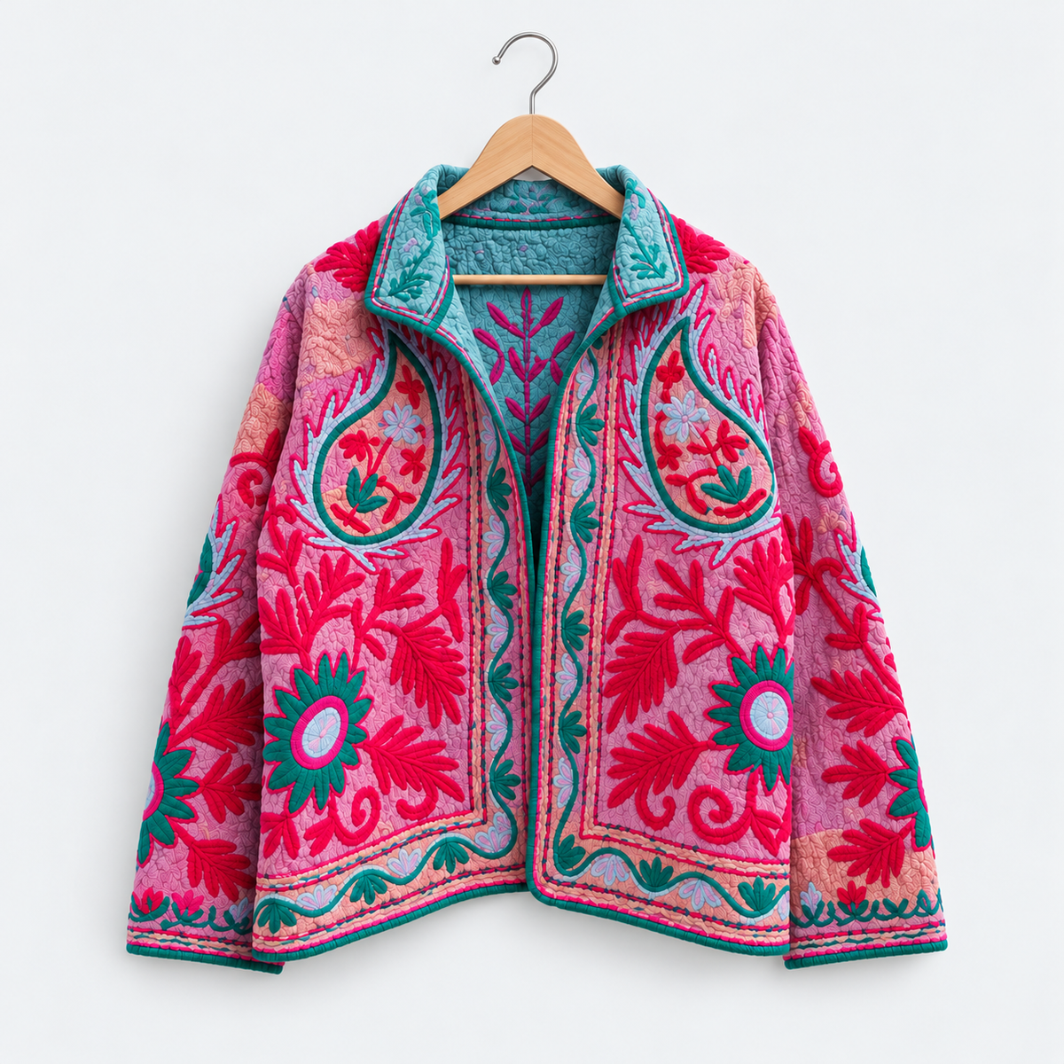 Pink velvet Suzani jacket with paisley embroidery and teal collar