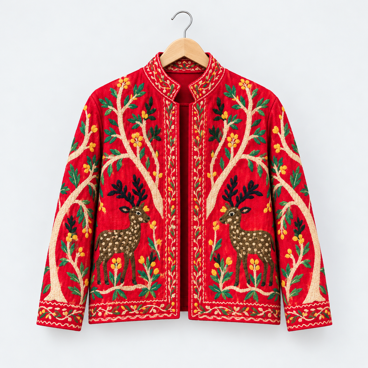 Red velvet Suzani jacket embroidered with deer and ivory trees