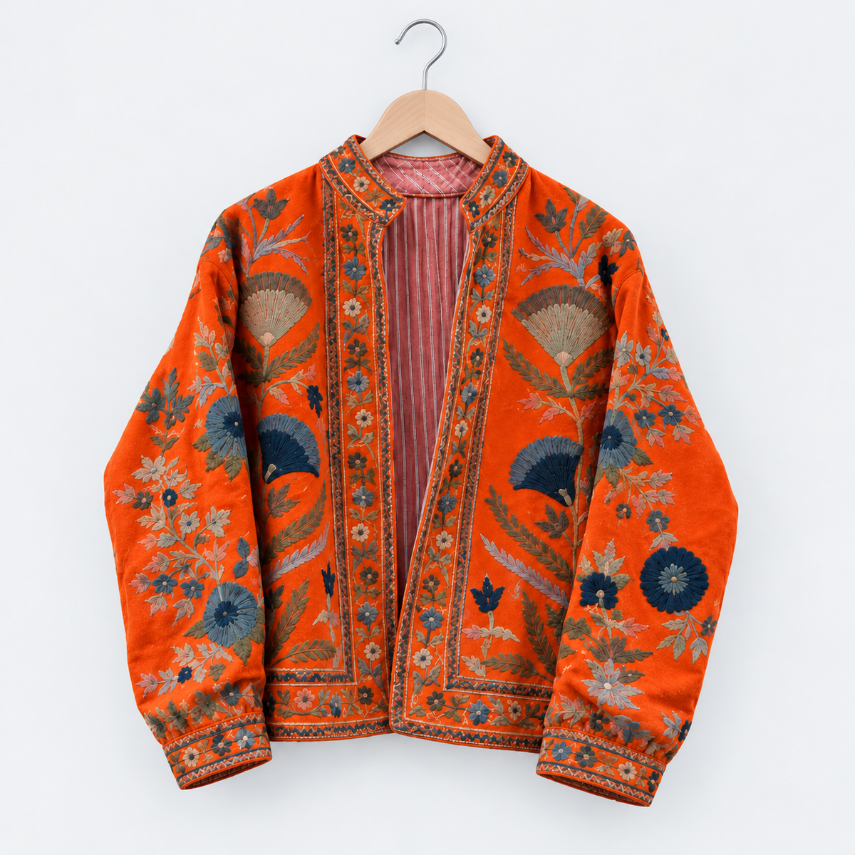 Orange velvet Suzani jacket with paisley and border embroidery