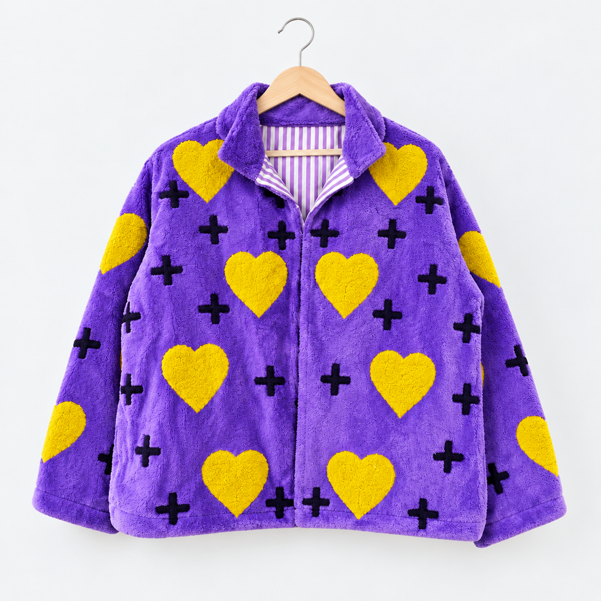 Violet velvet Suzani jacket embroidered with yellow hearts and black crosses