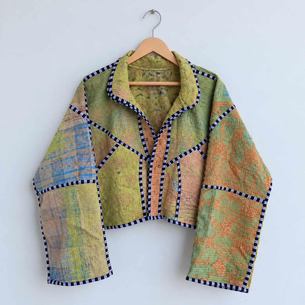 Lime green patchwork Kantha jacket with striped piping
