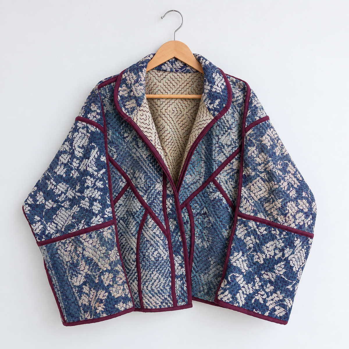 Navy and ivory leaf-print Kantha jacket with plum piping