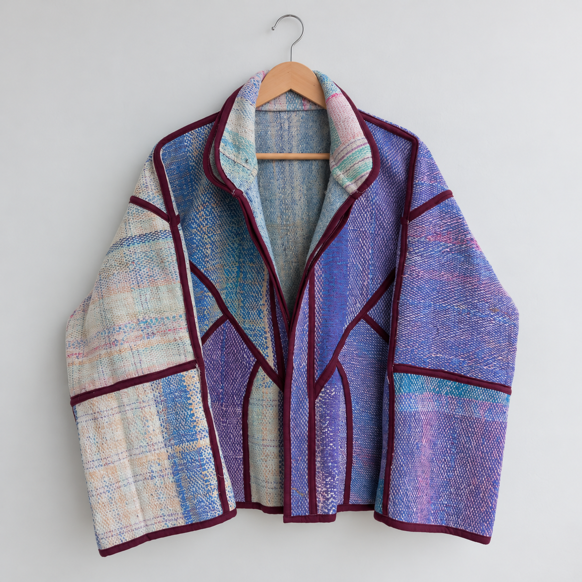 Lavender and blue Kantha jacket with plum piping