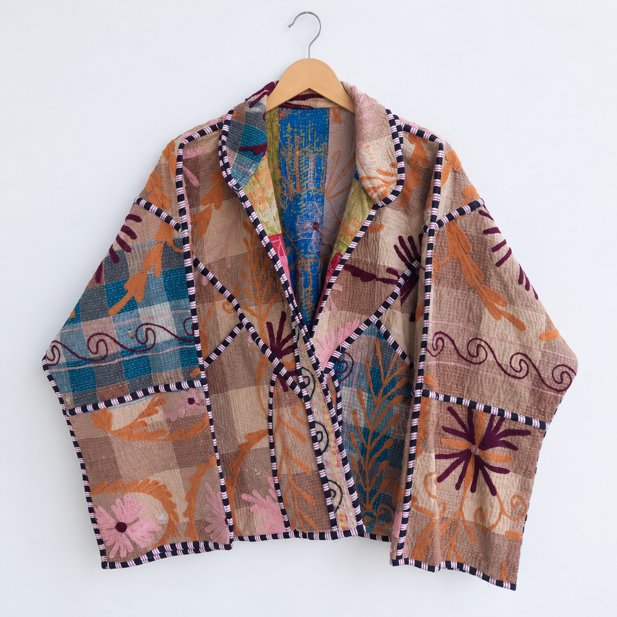 Brown and blue patchwork Kantha jacket with striped piping