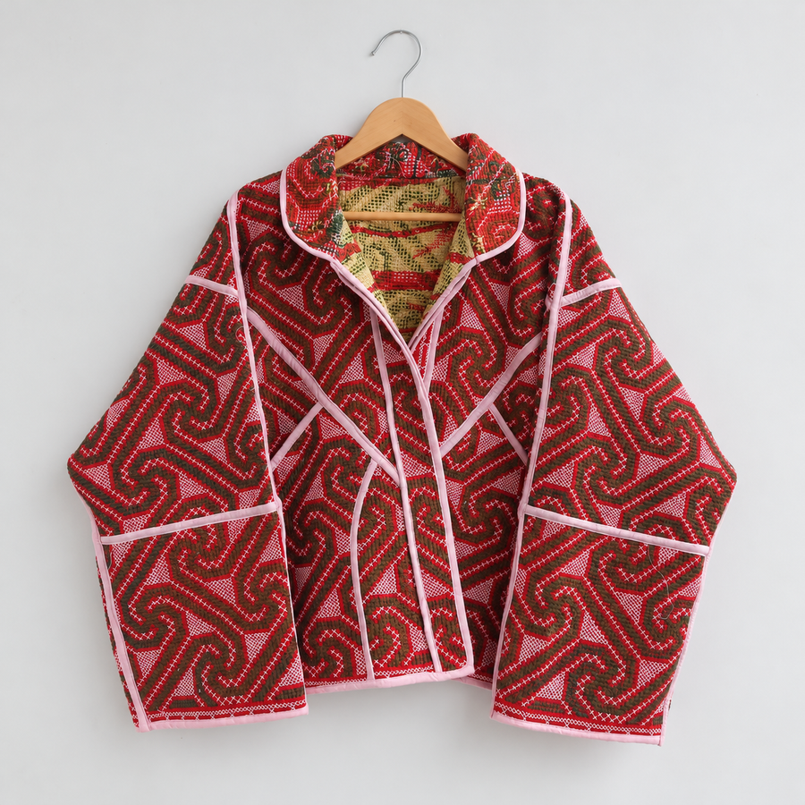 The Crimson Spiral Vintage Kantha Bomber Jacket