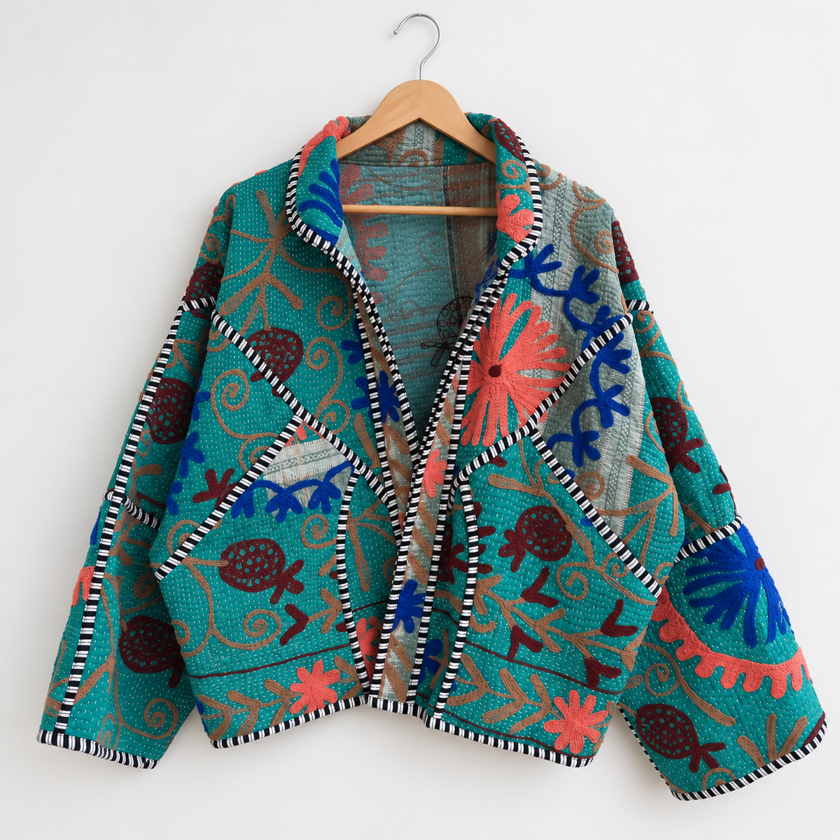 Teal Kantha jacket with coral flower and pomegranate embroidery
