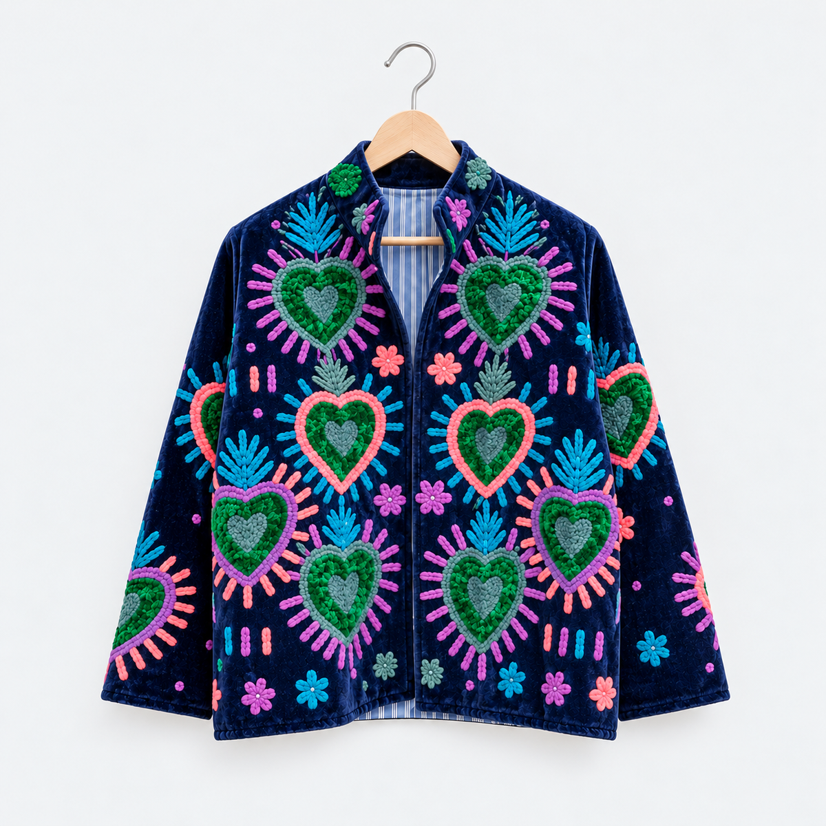 Navy velvet Suzani jacket embroidered with colourful hearts
