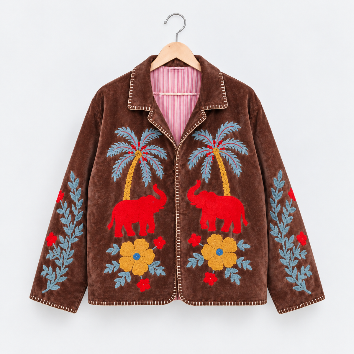 Brown velvet Suzani jacket embroidered with red elephants and palm trees
