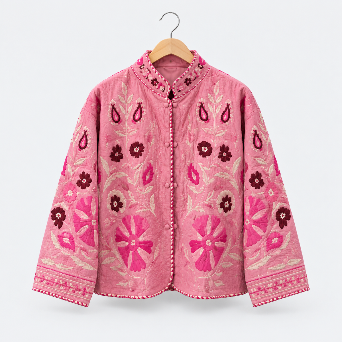 Pink velvet Suzani jacket with burgundy floral embroidery
