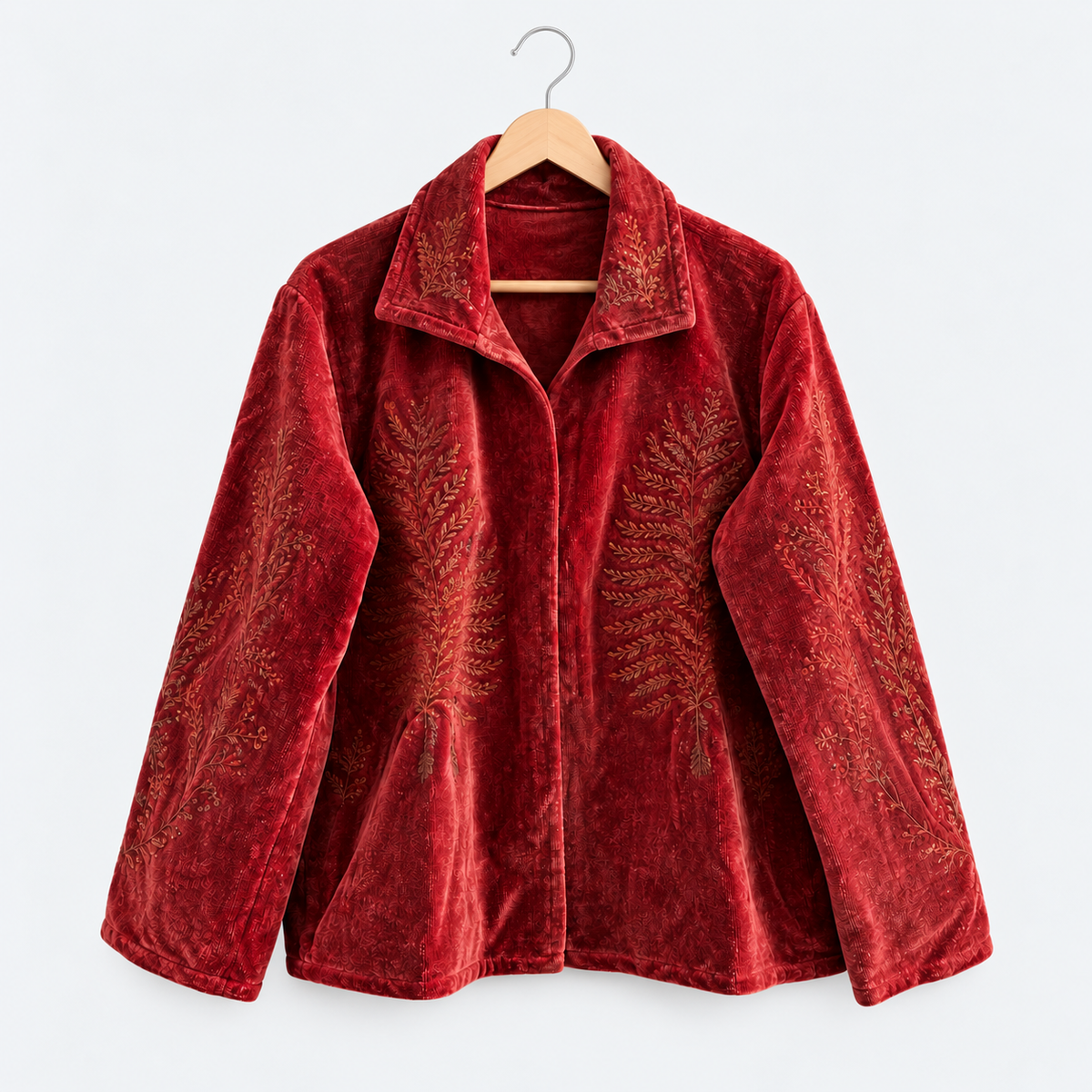Rust-red velvet jacket with tonal botanical embroidery