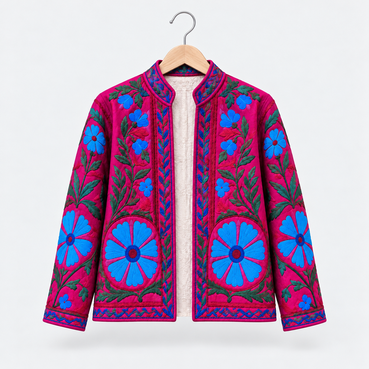 Fuchsia velvet Suzani jacket with blue flower embroidery