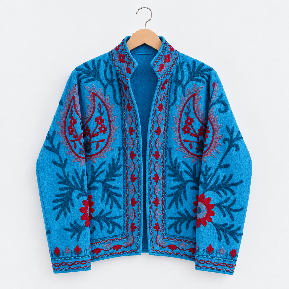 Turquoise velvet Suzani jacket with paisley embroidery