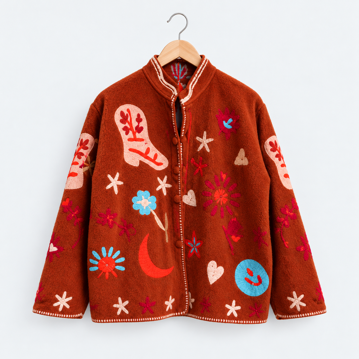 Rust velvet Suzani jacket embroidered with boots, stars and moons