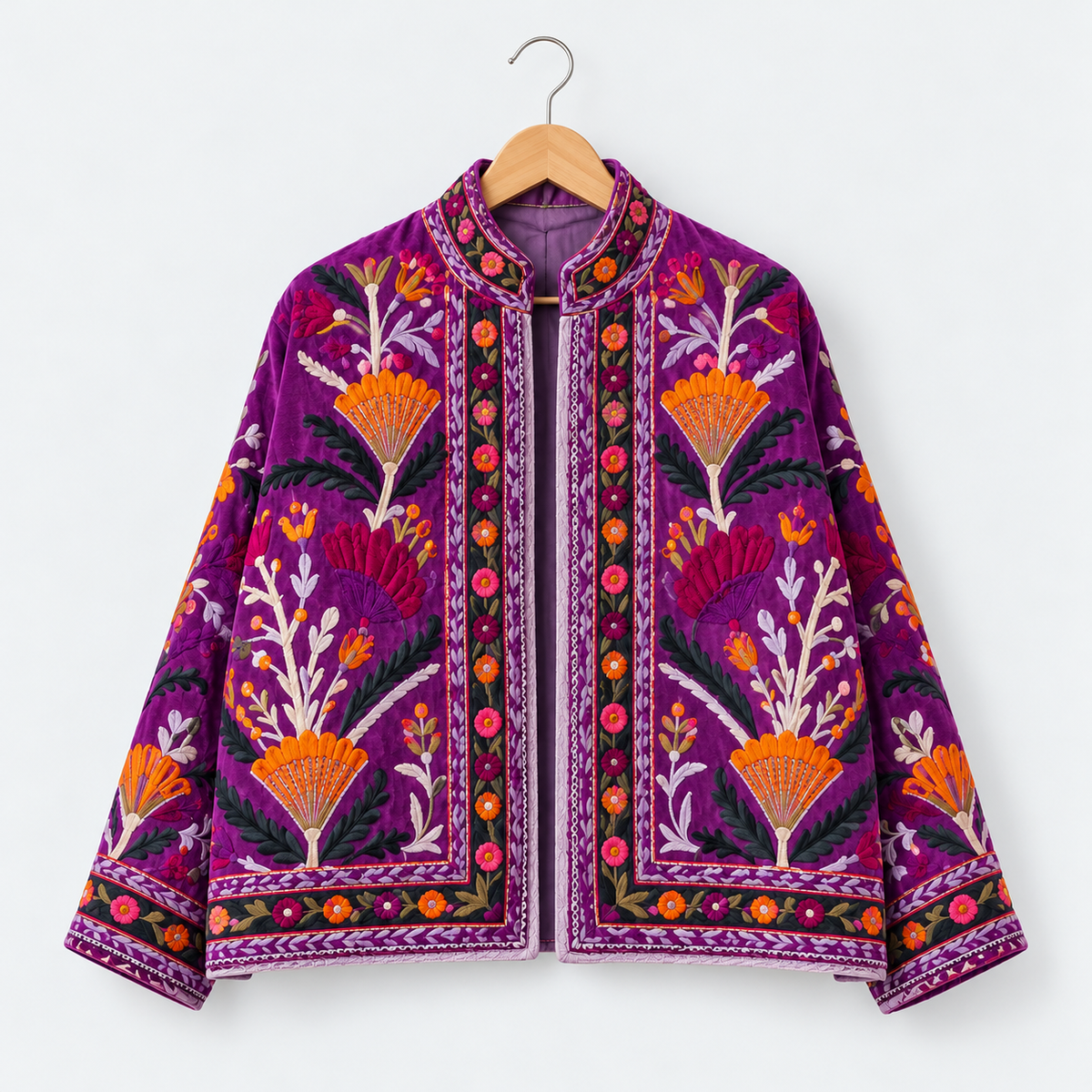 Plum velvet Suzani jacket with orange floral embroidery and borders