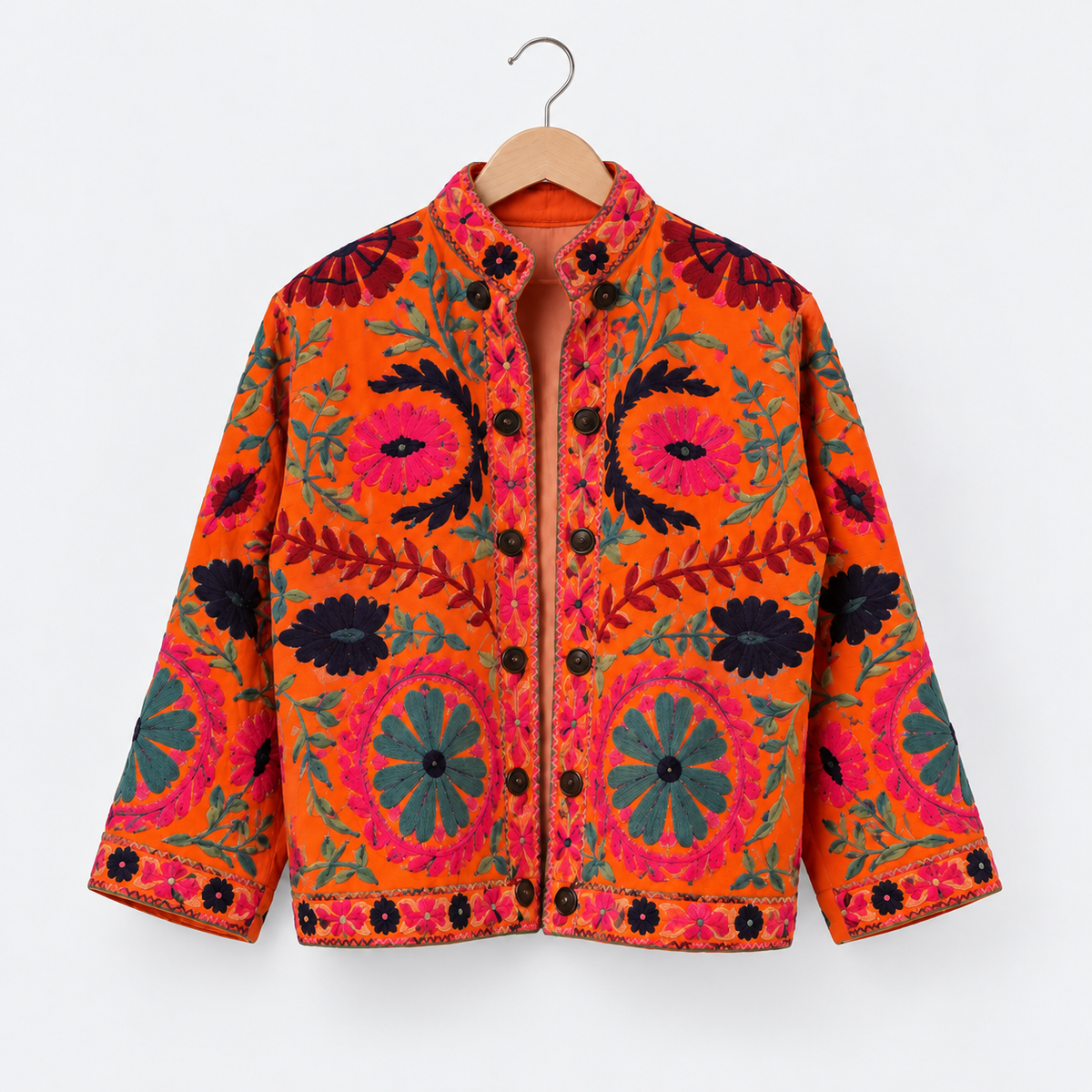 Orange velvet Suzani jacket with multicolour floral embroidery